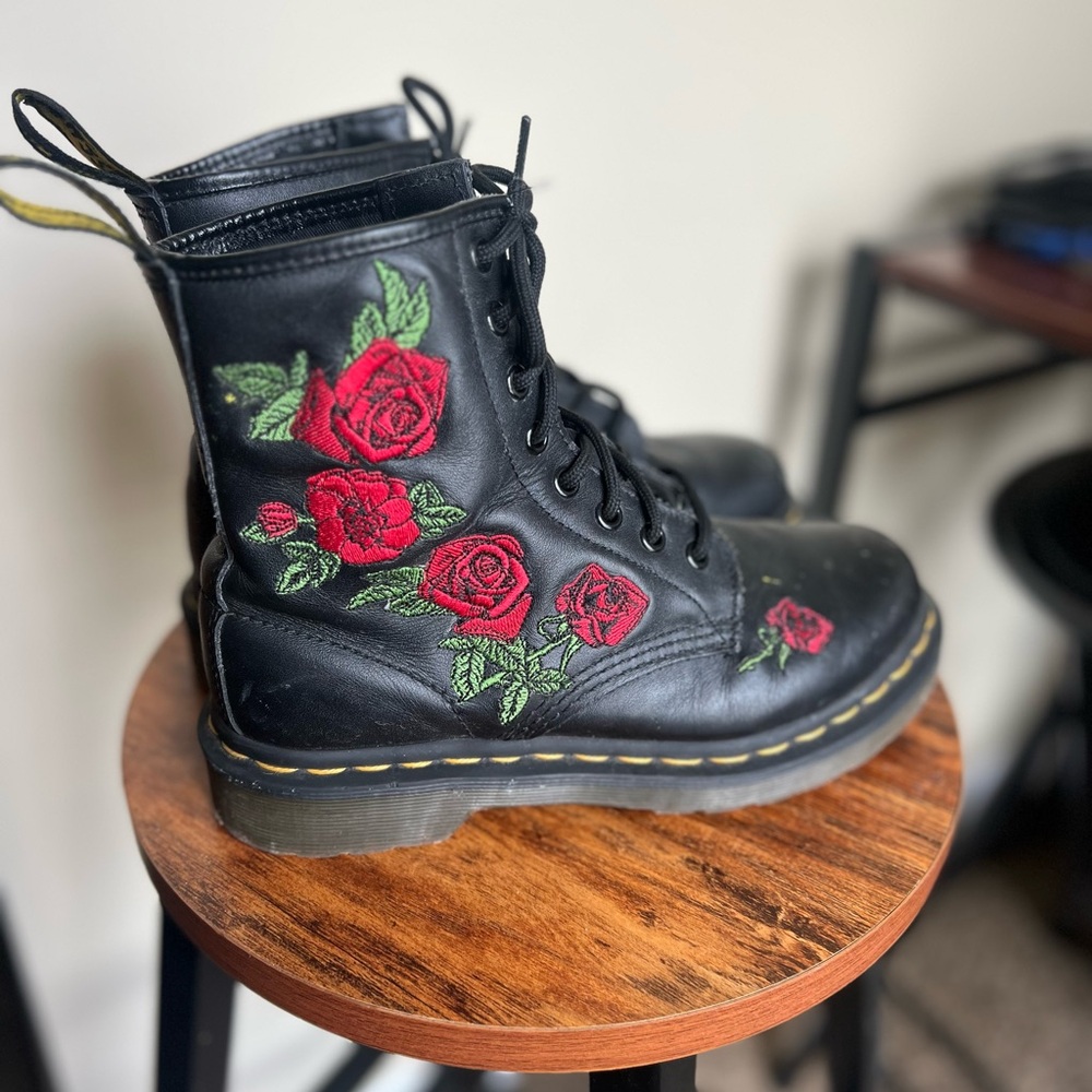 Dr. Martens Black Boots with Red rose Design